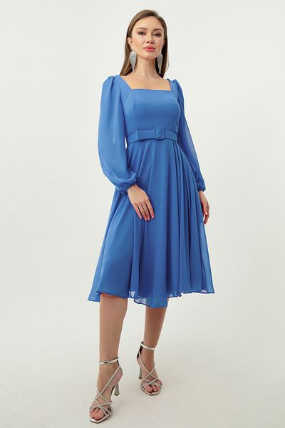Lafaba Women's Blue Square Neck Belted Midi Chiffon Evening Dress