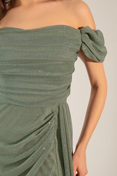 Lafaba Γυναικείο βραδινό φόρεμα με πράσινη βάρκα με λαιμόκοψη με σκίσιμο μακρύ γκλίτερ