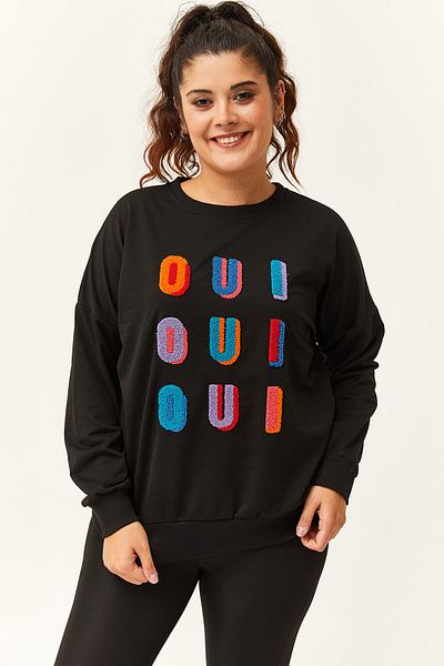 Ebsumu Hanorac negru de mărime mare pentru femei cu broderie cu litere colorate