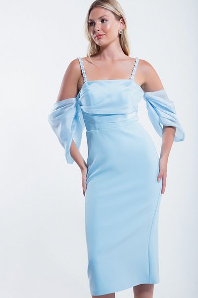 Lafaba Γυναικείο βραδινό φόρεμα Baby Blue Bead με λεπτομερή Organza Princess Midi