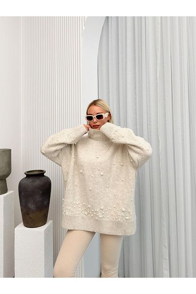 Olcay Pulover tricot supradimensionat cu perle cu gât rotit BEIGE 8240