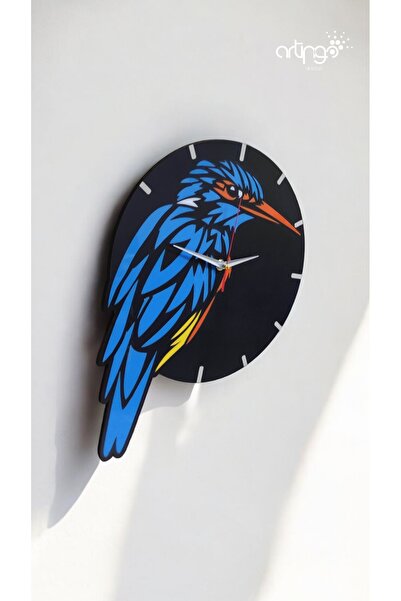 Katmanlı Kingfisher Kuş Temalı Ahşap Duvar Saati - 30x30cm