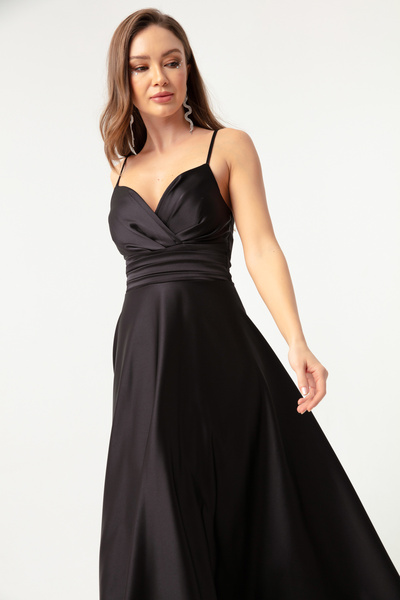 Lafaba Dámské černé saténové midi večerní šaty s provazovým páskem v pase a maturitní šaty