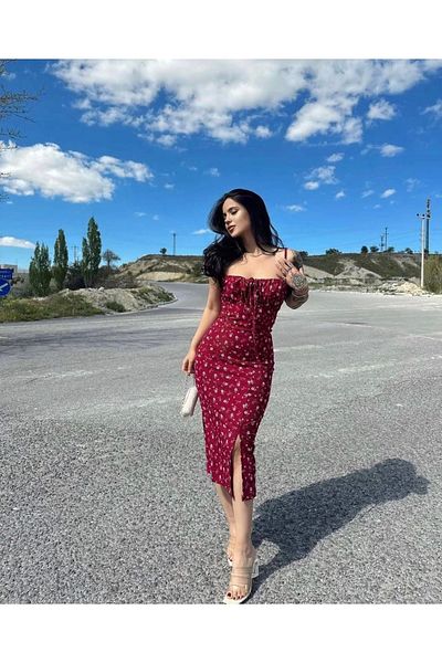 Bak Moda Rochie roșie Claret cu bretele cu model floral