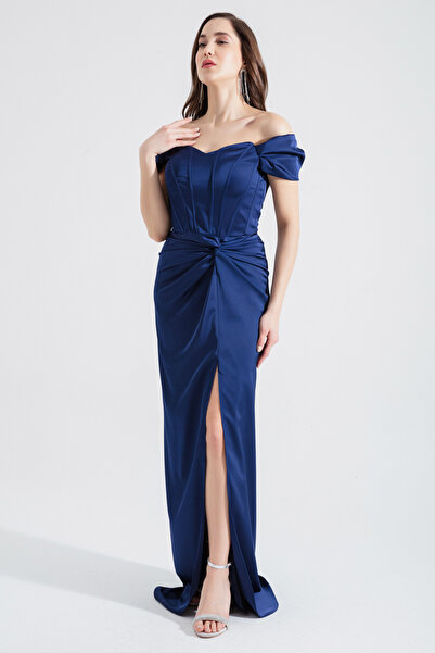 Lafaba Dámské večerní korzetové dlouhé saténové šaty v tmavě modré barvě