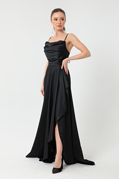 Lafaba Dámské černé saténové šaty s rozparkem a maturitní šaty