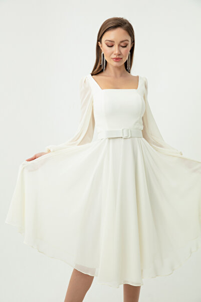 Lafaba Women's Ecru Square Collar Belted Midi Chiffon Evening Dress