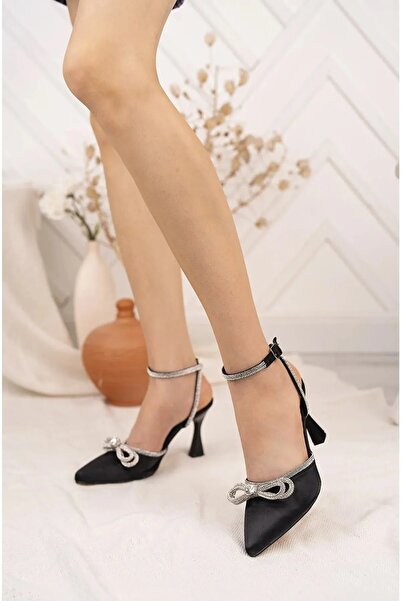 Moda Değirmeni Black Satin Women's Jewelled Bow Evening Dress Shoes Bg1112-121-0001