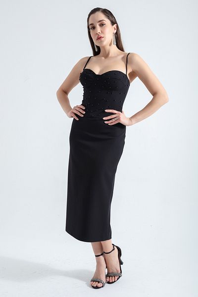 Lafaba Women's Black Underwire Corseted Pearled Midi Evening Dress
