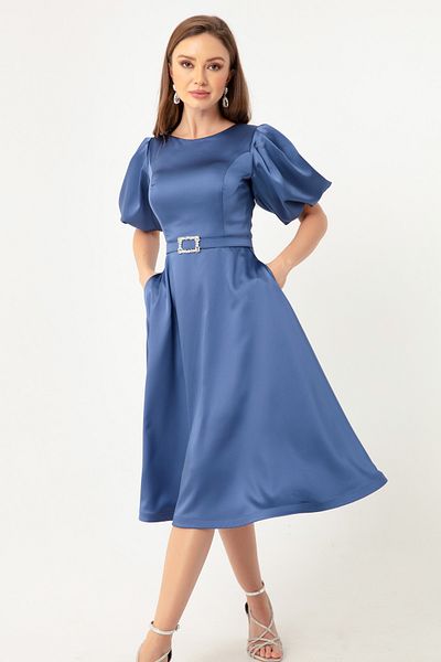 Lafaba Women's Indigo Balloon Sleeve Stone Belted Mini Satin Evening Dress