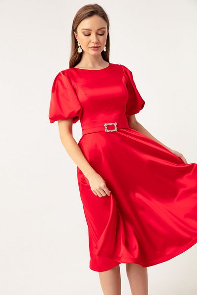 Lafaba Women's Red Balloon Sleeve Stone Belted Mini Satin Evening Dress
