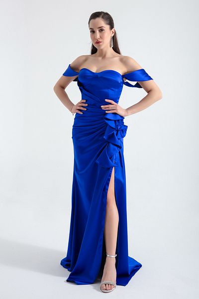 Lafaba Γυναικεία Saks Sweetheart Neck Ruffle Μακρύ Σατέν Βραδινό Φόρεμα