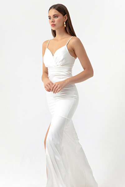 Lafaba Rochie de seară lungă din satin cu bretele albe și rochie de absolvire pentru femei