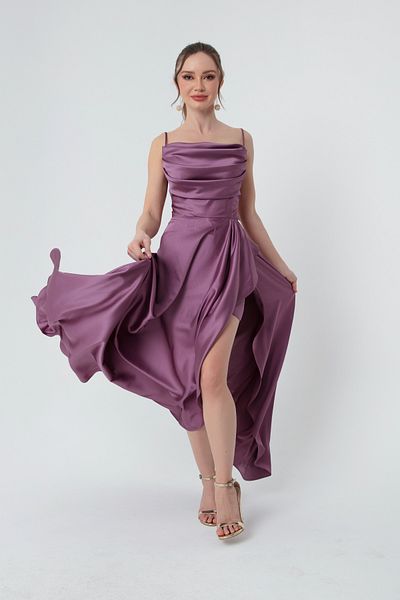 Lafaba Lavendelfarbenes Volant-Satin-Abendkleid und Abschlusskleid mit Schlitz für Damen