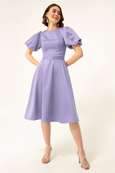 Lafaba Dámské večerní mini saténové šaty s balonovým rukávem s kamenným páskem