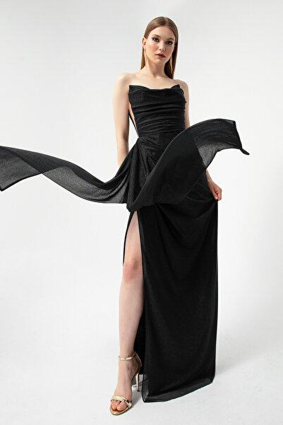 Lafaba Schwarzes, glitzerndes Abendkleid mit Schlitz und drapiertem Brustausschnitt für Damen