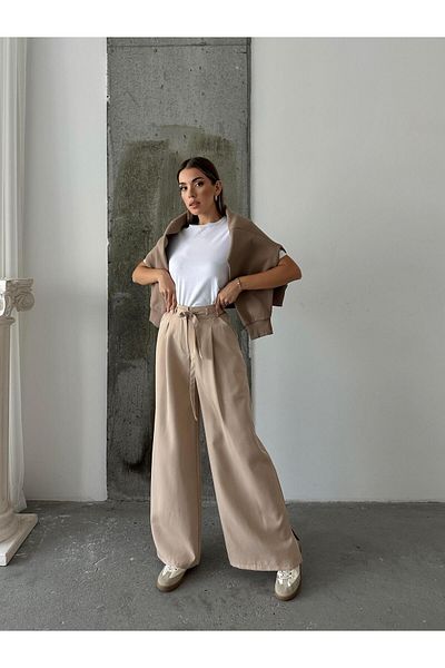 mydukkan.co Beige Nola Pants - Tie Waist and Slit