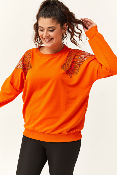Ebsumu Women's Plus Size Angels Stone Printed Orange Sweatshirt