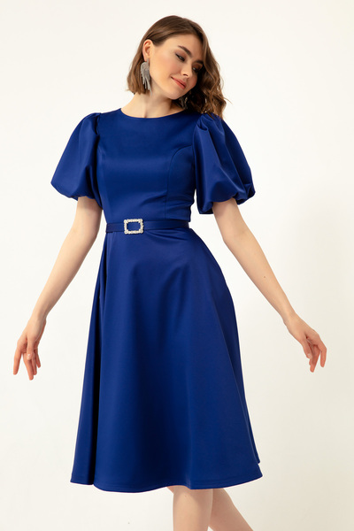 Lafaba Dámské saxové balonové rukávy, večerní mini saténové šaty s kamenným páskem