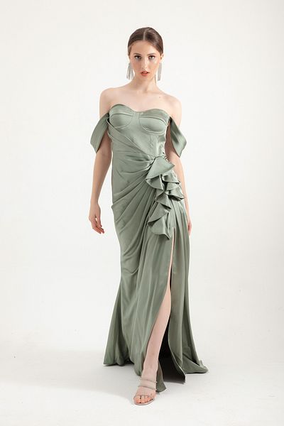 Lafaba Verde menta - Rochie de seara de dama din satin lunga cu decolteu inima cu volane