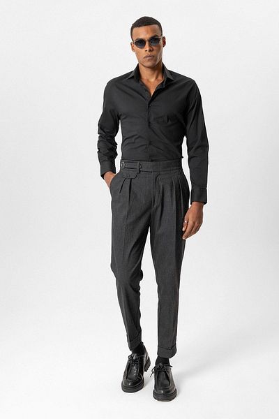 Antioch Black Buckle Detailed High Waist Men's Trousers
