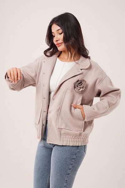 Hipo Trend Beige Stamp Jacket with Rose Brooch Detail and Pockets