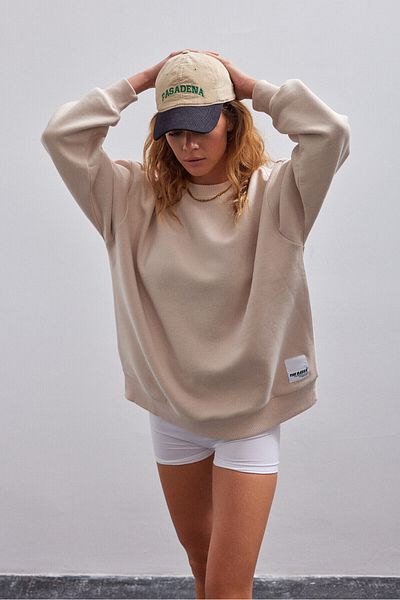 Bases Γυναικείο φούτερ σε μπεζ Basic Crew Neck Oversize με Fleece στο εσωτερικό