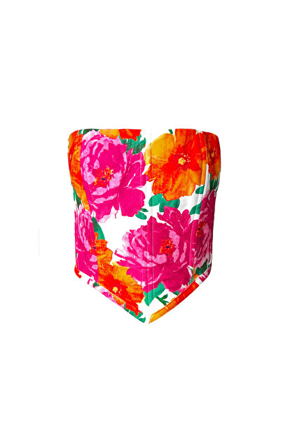 EZOP Turuncu-Fuşya gül detaylı korse büstiyer