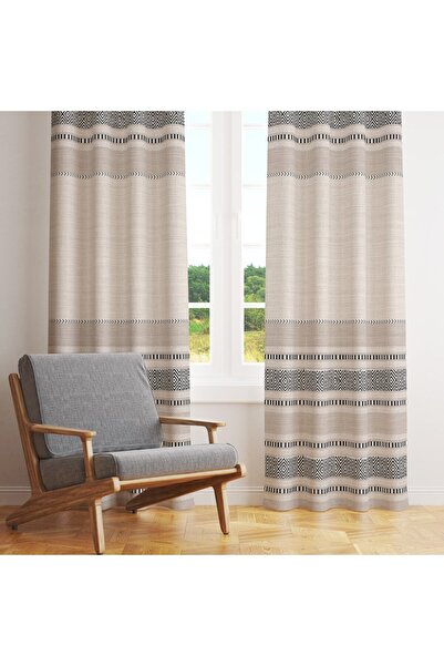 Evmila Cream Colored Modern Patterned Kitchen and Bedroom - Single Wing Velvet Background Curtain