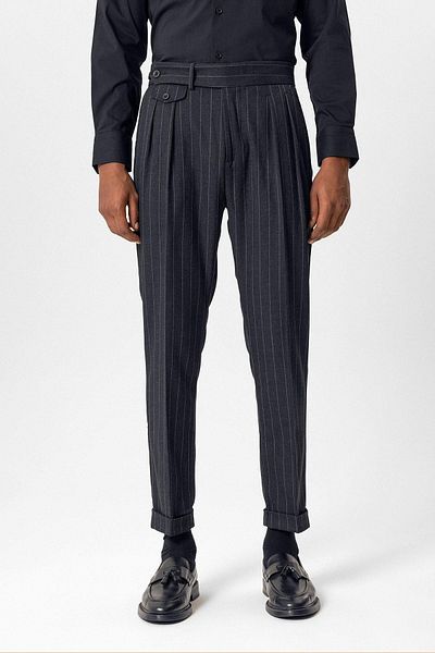 Antioch Navy Blue High Waist Pleated Striped Men's Trousers