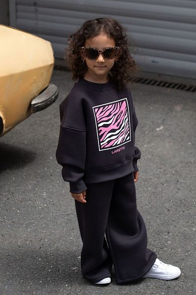 Minigimin Cicileri Zebra Printed My Little Flowers - Girl's Black Oversize Set
