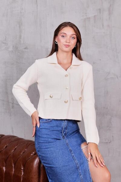 ZEYWEAR Gold Buttoned Ornamental Pocket Knitwear Jacket Cardigan