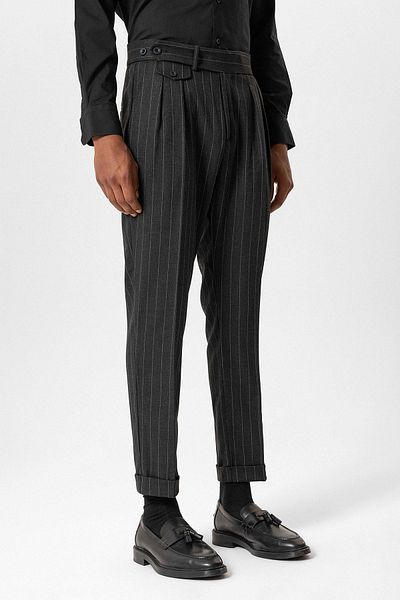 Antioch Black High Waist Pleated Striped Men's Trousers