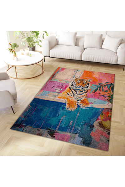 Rugs Modern Halı North Collection Blue Bathtub Tiger Patterned Woven Base Dec...