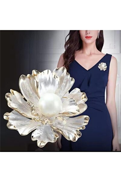 Pelin Aksesuar Büyük Beyaz İncili Çiçek Broş