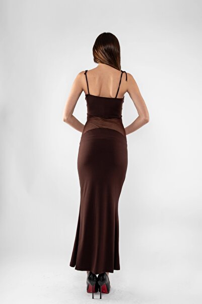 Bak Moda Пясъчнокафяво дълго рокля - с тънки раменни ленти и тюл детайл на корема