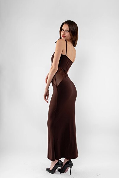 Bak Moda Пясъчнокафяво дълго рокля - с тънки раменни ленти и тюл детайл на корема