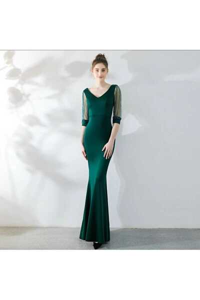 MODAS V YAKA KOLU BONCUKLU UZUN KREP ABİYE ELBİSE