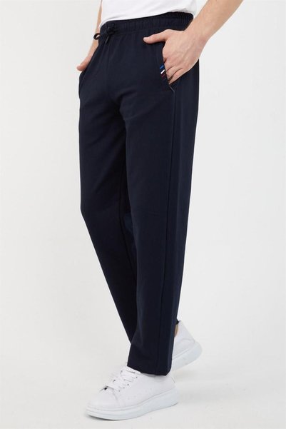 COMEOR Navy Blue Men's Zipper Pocket Embroidery Detailed Straight Leg Relaxed Fit Premium Fabric Sweatpants