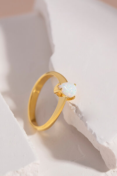 Else Silver Tek Taş Damla Beyaz Opal Gümüş Yüzük