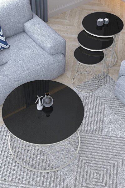 Puklife C Hasır 4lü Zigon Sehpa Ve Orta Sehpa Seti Krom Ayak-siyah Ayna