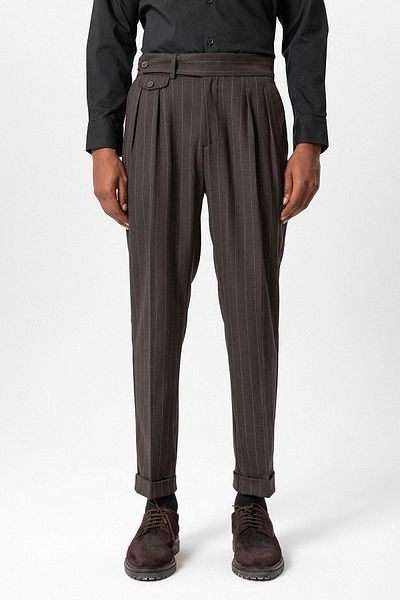 Antioch Brown High Waist Pleated Striped Men's Trousers