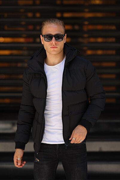 FAMODA Erkek Siyah Kapüşonlu Suya Dayanıklı Kışlık Mont & Kaban