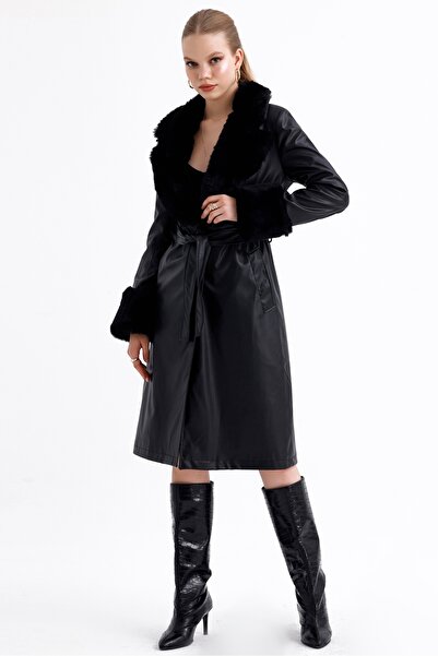 MD trend Palton din piele cu curea căptușită cu buzunare, guler și mâneci de damă