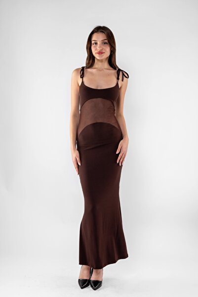 Bak Moda Пясъчнокафяво дълго рокля - с тънки раменни ленти и тюл детайл на корема