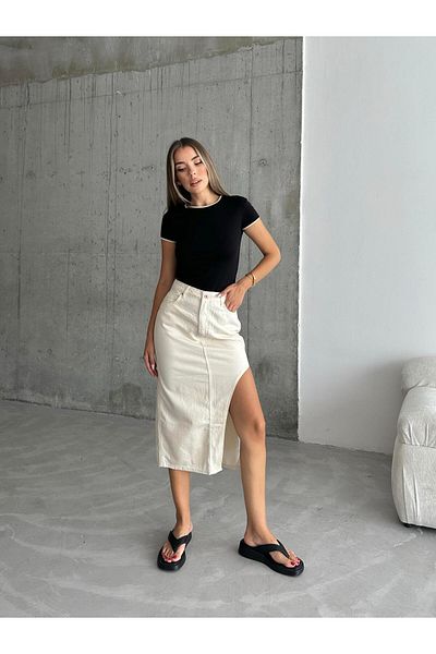 mydukkan.co Ασύμμετρη κοπή Trend Τζιν Φούστα Μπεζ