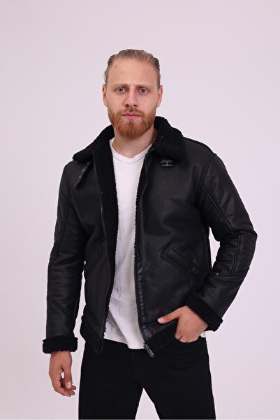 FAMODA Palton din piele neagră cu blană artificială pentru bărbați -FN204440