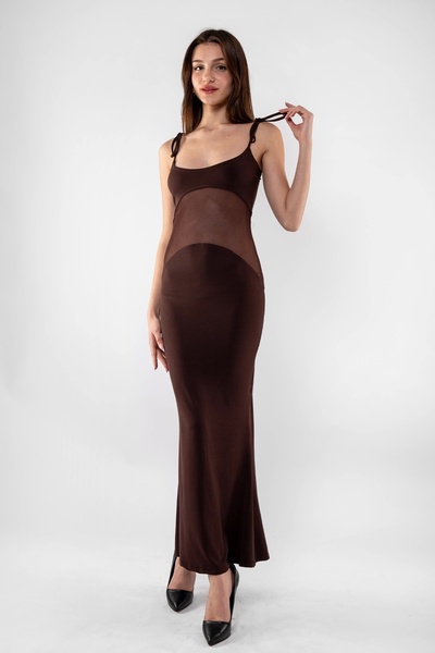 Bak Moda Пясъчнокафяво дълго рокля - с тънки раменни ленти и тюл детайл на корема