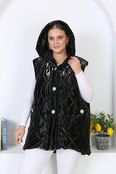Şans Women's Large Size Black Hooded Shiny Fabric Long Vest with Pockets 65N38338