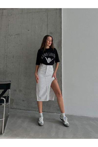 mydukkan.co Fusta denim cu croială asimetrică albă